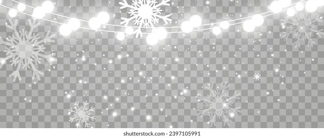 Vector illustration of a light garland on a transparent background.Snowflakes and snow.	
