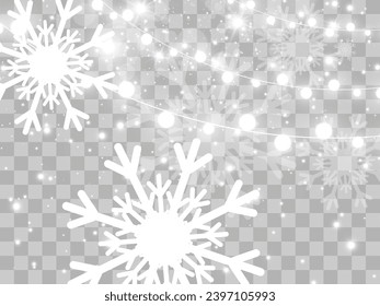 Vector illustration of a light garland on a transparent background.Snowflakes and snow.	
