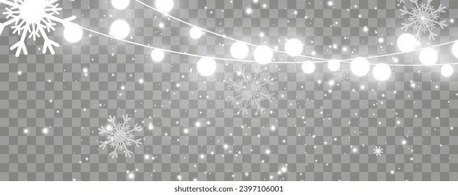 Ilustración vectorial de una guirnalda ligera sobre un fondo transparente.Copos de nieve y nieve.	
