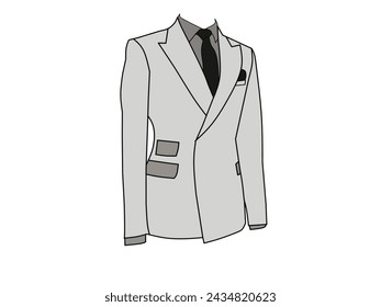 Ilustración vectorial de traje de hombre gris claro formal con corbata negra. Concepto de ilustración de desgaste formal con temática comercial.