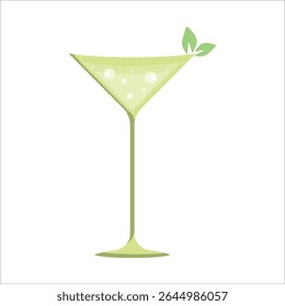 Vector illustration of a light green glass on a thin stem with mint leaves on a white background.