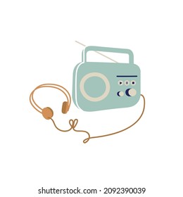 Vector illustration light green retro radio with golden headphone isolated on white background.