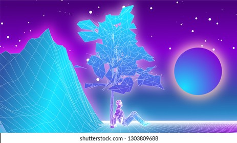 Vector illustration of a light grid landscape with a man leaning against a tree and looking at an alien moon against a starry sky. 80's Retro futuristic background. Beautiful backdrop with neon lights