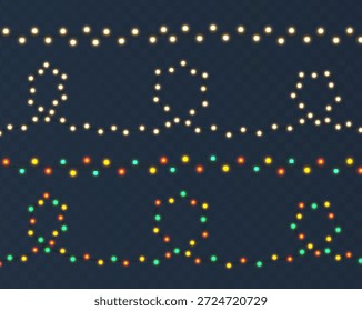 Ilustração vetorial. Luz iluminando grinalda em cor amarela e colorida no fundo escuro.