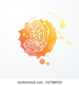 Vector illustration of light lacy abstract butterfly on orange watercolor stain. Element for your design. EPS 10
