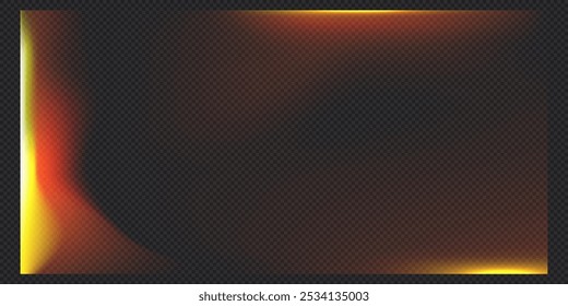 Ilustração vetorial de sobreposição de vazamento de luz com efeito de queima sobre fundo escuro transparente. Modelo de flare de filme Grunge. Plano de fundo abstrato com realces em amarelo e laranja. Filtro de foto antigo.