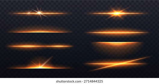 Ilustración vectorial. Rayos de luz y destellos brillantes de luz en color naranja.