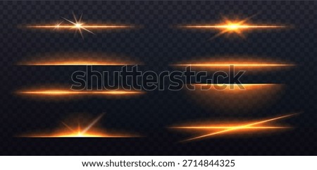 Vector illustration. Light line beams and glow sparks of spotlight in orange color.