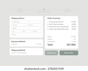Vector illustration of light mode ecommerce checkout interface for tablet or laptop screen. Online shopping order placement concept with payment details, shipping information and purchase summary.

