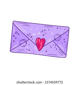 Vector illustration of a light purple letter envelope with heart and decorative elements - Hand drawn isolated object in romantic style on white background - Design for St Valentine's day