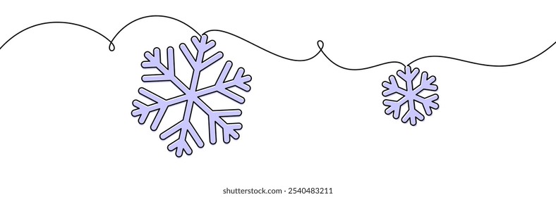 Vector illustration of light purple snowflakes hanging from a continuous curved line, creating a minimalist winter design.