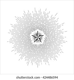 Vector Illustration Of Light Rays Of Burst. Ink Sunbursts. Vintage Star. Vintage Style Of The Image. Design Elements For Your Projects. Hipster Style. Linear Drawing.