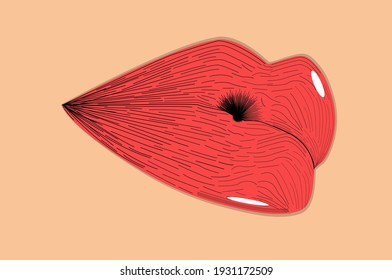 Ilustración vectorial de labios rojos claros, rellenos de líneas para textura, con manchas claras y fondo de color de piel