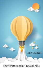 Vector Illustration. Light rocket launch start to idea, on blue sky background. Paper art carving.