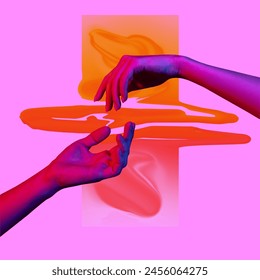 Ilustración vectorial. Ligero toque de manos. Collage de arte contemporáneo. El diseño moderno funciona en colores de moda de neón. Tiernas manos humanas. Composición elegante y de moda, cultura juvenil.