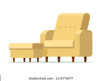 Vector illustration of a light yellow chair with a padded stool. Isolated white background. Empty armchair with a soft ottoman. Sofa chair with footstool. Flat style. 