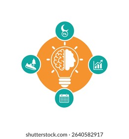 Vector illustration of a lightbulb with a brain inside, surrounded by icons representing sleep, fitness, growth, and planning. Isolated on white background.