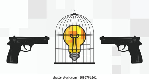 vector illustration of lightbulb in cage and two guns for intellectual isolation and creative blocks