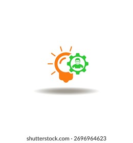 Vector illustration of lightbulb and cog with person. Symbol of skills. Icon of personal development.