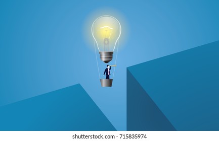 Vector illustration of lightbulb as idea symbol. Business creative idea solution concept. Businessman flying to conquering adversity problems with idea bulb lamp balloon