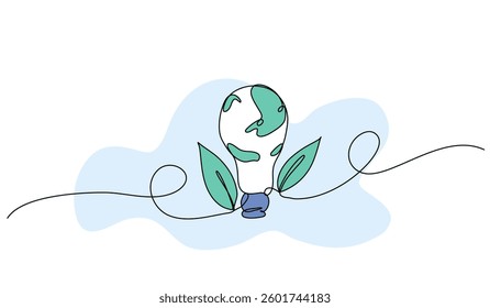 Vector illustration of a lightbulb with leaves. Modern flat in continuous line style.