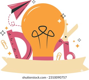 Vector illustration of a lightbulb, paper plane, scissors, paper plane and a ribbon