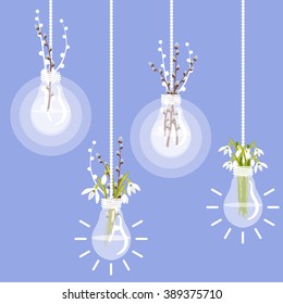 Vector illustration with lightbulb, pussy willow and snowdrops in flat style. Design for birthday card.