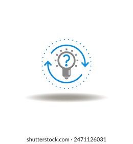 Vector illustration of lightbulb with question mark and round process arrows. Icon of curiosity.