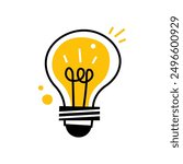 Vector illustration of a lightbulb with a yellow glow, symbolizing an idea, innovation, or creativity. Ideal for use in educational, technological, and creative design projects