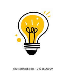 Vector illustration of a lightbulb with a yellow glow, symbolizing an idea, innovation, or creativity. Ideal for use in educational, technological, and creative design projects