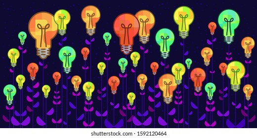 vector illustration of lightbulbs growing as flowers for creativity skills and unusual ideas production 