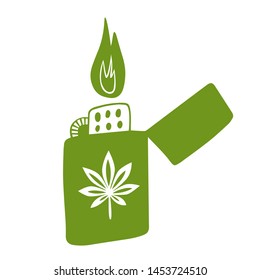 Vector illustration of lighter with cannabis leaf. Device for smoking marijuana.