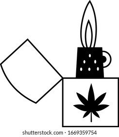 Ilustración vectorial del encendedor con hoja de cannabis. Dispositivo para fumar marihuana.