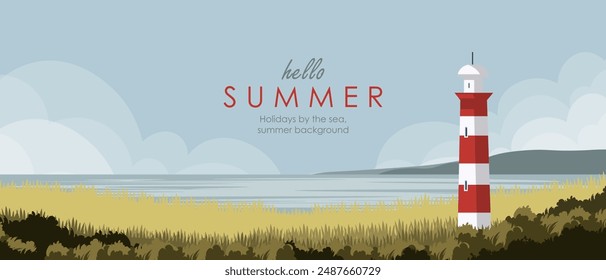 Vector illustration. Lighthouse background, sea, ocean, nature. Background for website, brochure, banner, cover, packaging design, horizontal banner. Modern design.