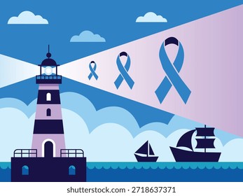 Ilustración vectorial de un faro que irradia luz en cintas de conciencia azul claro sobre el mar.