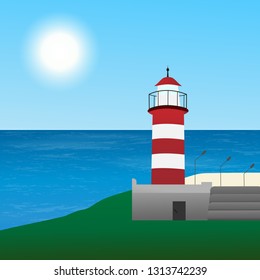 vector illustration of a lighthouse by the sea