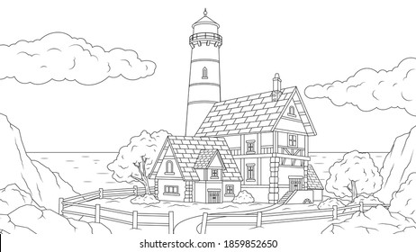 Vector illustration, lighthouse by the sea, vector illustration