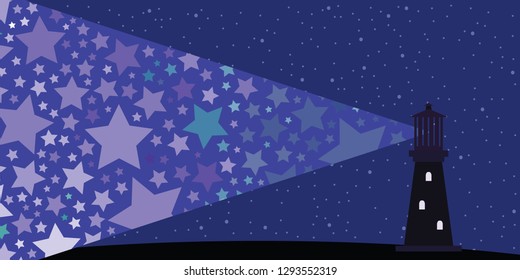 vector illustration of lighthouse and dark night sky stars for guiding light and education strategy concept