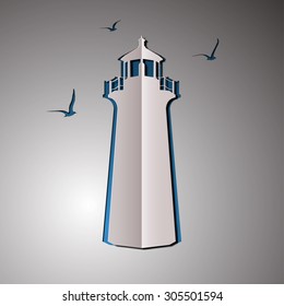 vector illustration of lighthouse. Lighthouse design. Lighthouse and birds. Lighthouse logo. Cut paper.