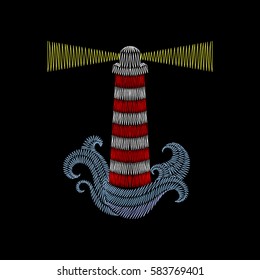 Vector illustration of lighthouse embroidery. Fashion ornamental print, patch, badge on black background for textile, fabric modern decoration.