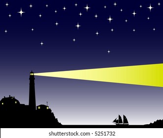 Vector illustration of a lighthouse in the evening