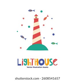 Vector Illustration Lighthouse Flat Colorful Assets