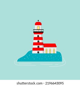 Vector illustration of lighthouse in flat style isolated on blue background