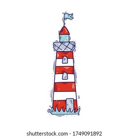 Vector illustration of a lighthouse, hand drawn cartoon icon, isolated