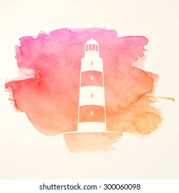 Vector Illustration of a Lighthouse Icon on a Watercolor Background