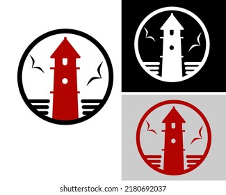 vector illustration of lighthouse icon with seagull and sea. Marine or concept logo