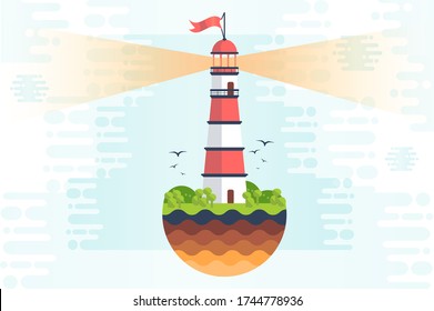 vector illustration of lighthouse; light of lighthouse in distance; stylish vector illustration of nature; vector background; postal card with a lighthouse; lighthouse by the sea, ocean; birds ground