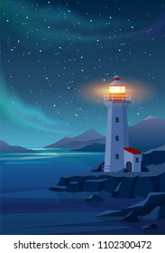 Vector illustration of Lighthouse in night sea. Lighthouse by the sea with mountains, aurora and starry night sky. Night landscape.