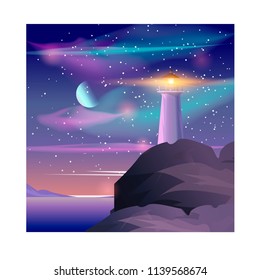 Vector illustration of Lighthouse in night sea. Lighthouse by the sea with mountains, aurora and starry night sky. Night landscape.