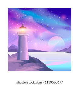 Vector illustration of Lighthouse in night sea. Lighthouse by the sea with mountains, aurora and starry night sky. Night landscape.